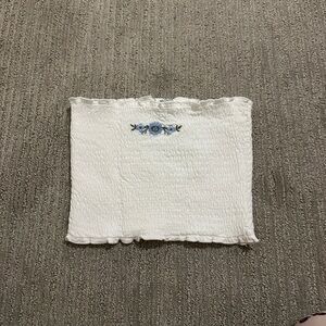 Zara White Smocked Tube Top with Blue Floral Embroidery
